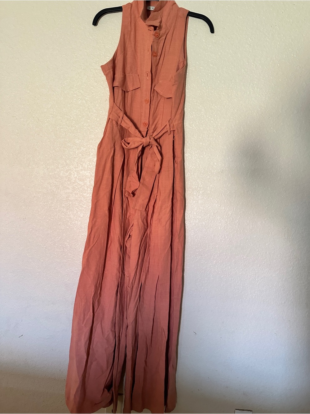 Sleeveless Tie-Waist linen Maxi Dress in Dusty Coral
